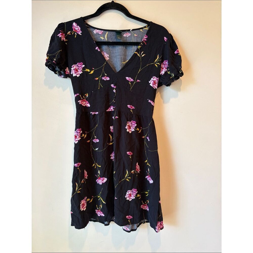Black Floral V-Neck Mini Dress with Pink Blooms